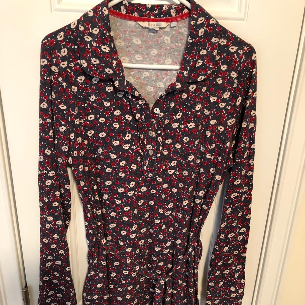 Boden floral print blue dress with tie waist